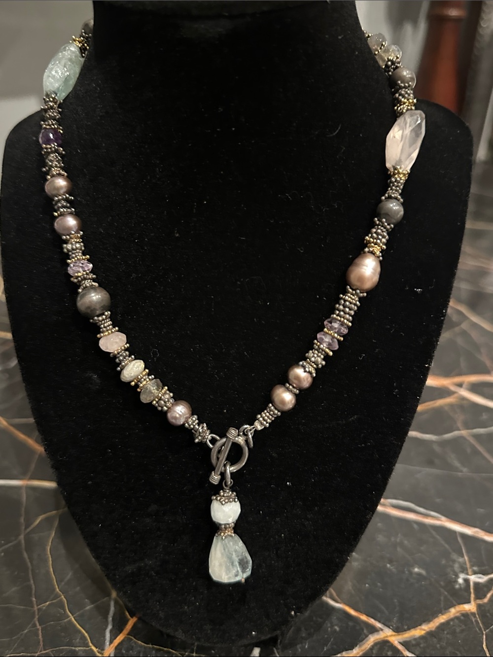 Hand Crafted Gray, Pearl & Purple Beaded Necklace with Aquamarine Pendant